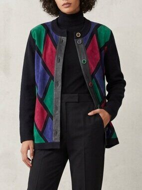 Vintage Claudia S. Drees 80s/90s Geometric Suede Patchwork Colorblock Cardigan